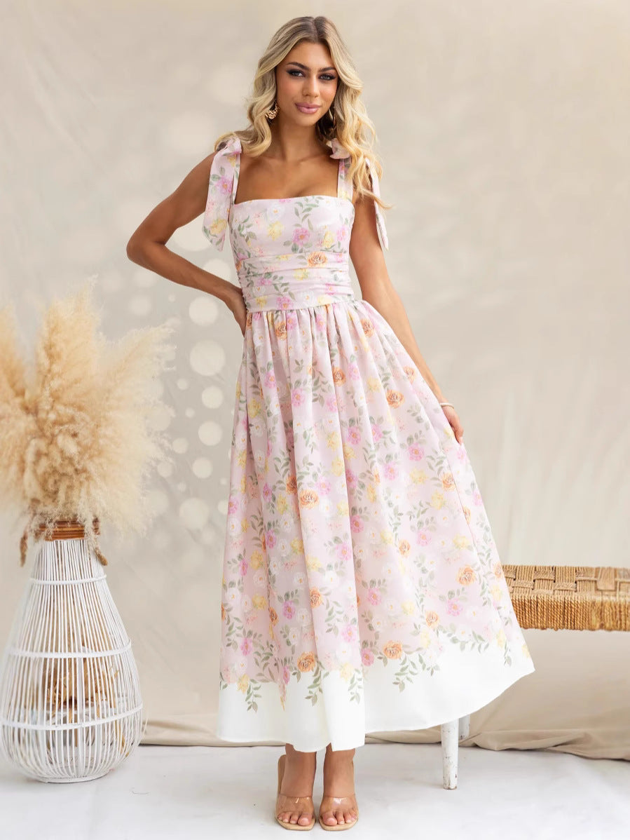Women’s Sundress – Slim Fit A-Line – Floral Print – Bow Straps – Square Neckline