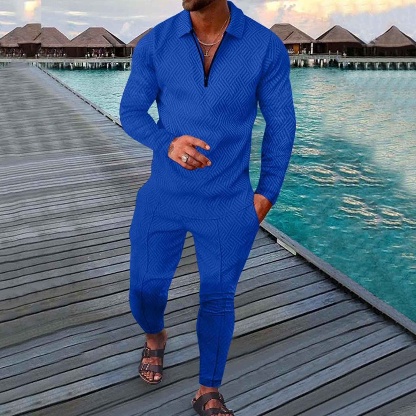 Men’s Sports Leisure Suit – Slim Fit – Long Sleeve Polo – Geometric Print