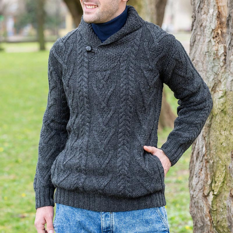 Men’s Pullover Sweater – Soft Knit – Relaxed Fit – Shawl Collar with Button Closure