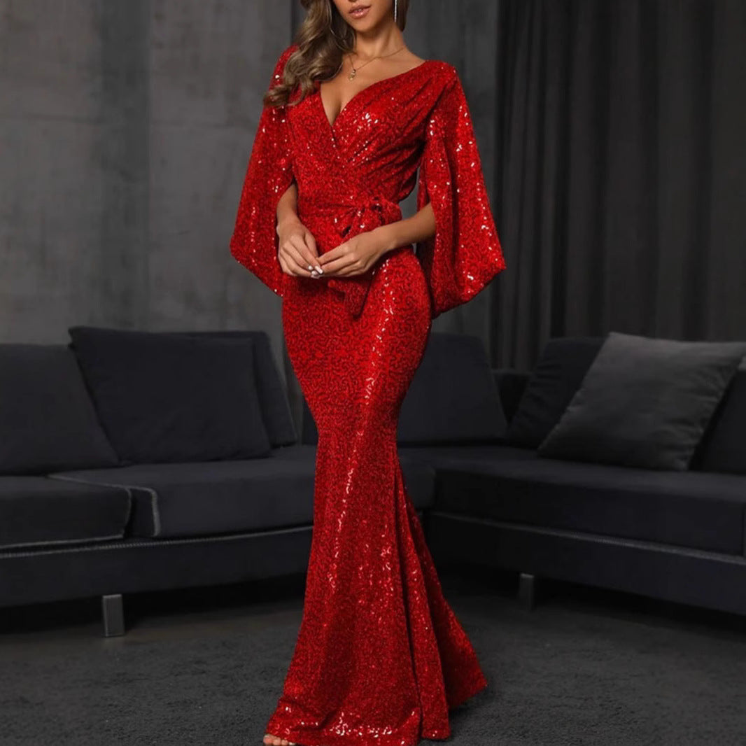 Women’s Evening Gown – Sequin Embellished – Mermaid Fit – Deep V-Neck – Floor Length