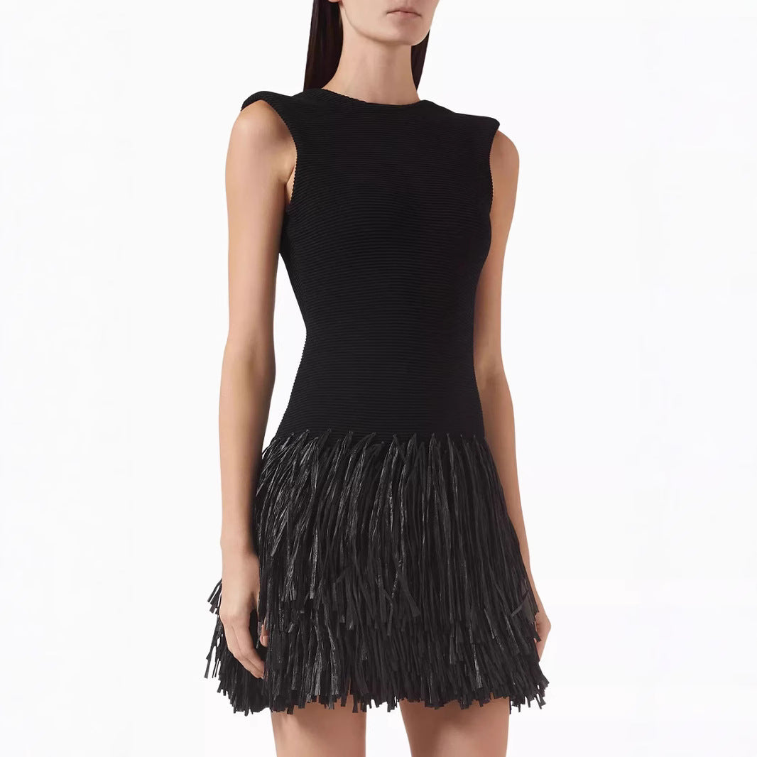 Women’s Mini Dress – Slim Fit – Ribbed Top – Sleeveless – Fringe Skirt – Round Neck