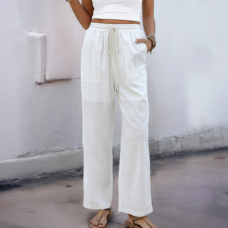 Women’s Straight-Leg Pants – High Waist – Relaxed Fit – Drawstring – Large Pockets