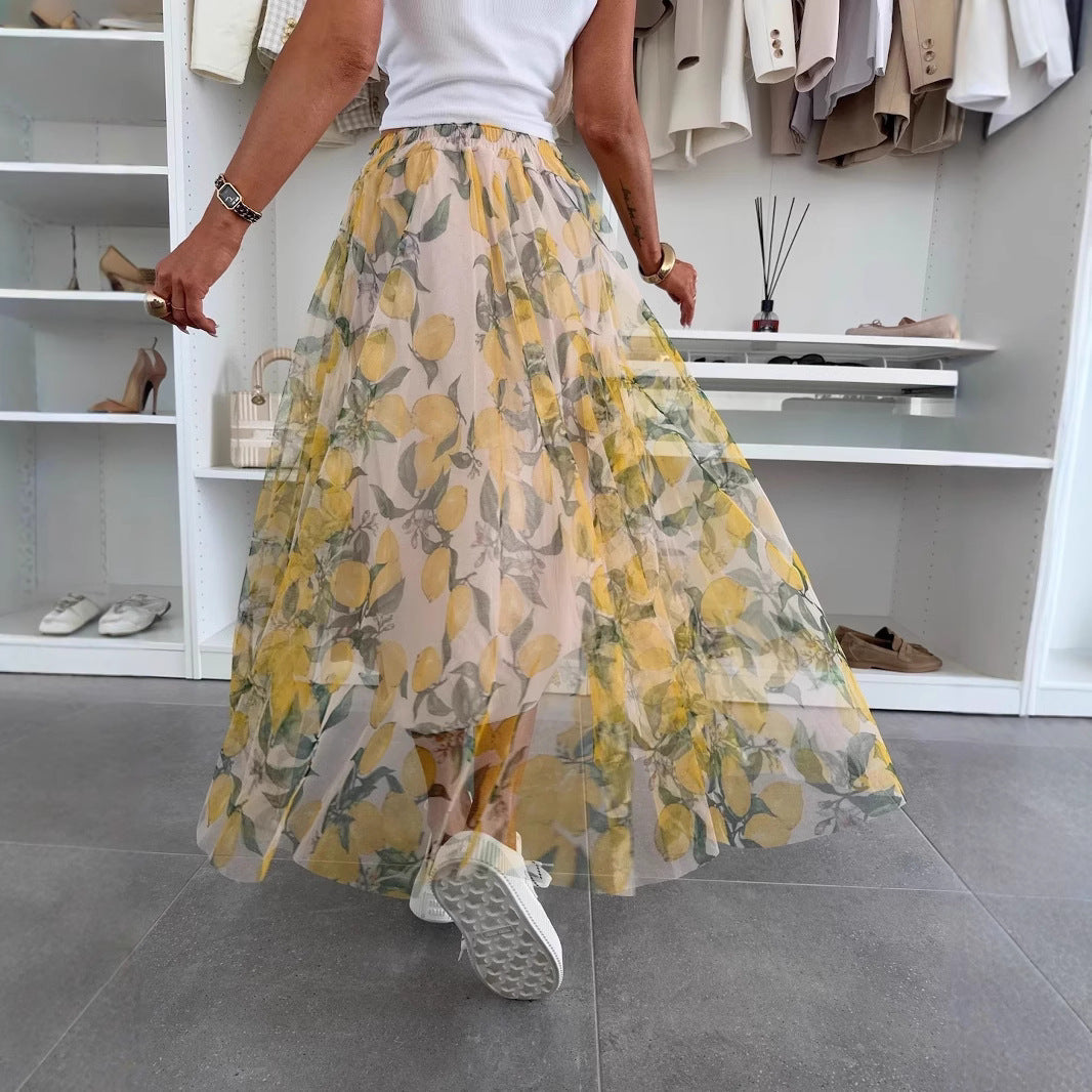 Women’s Long Skirt – Lightweight Mesh – Flowy Fit and Flare – Elastic Waist – Lemon Print