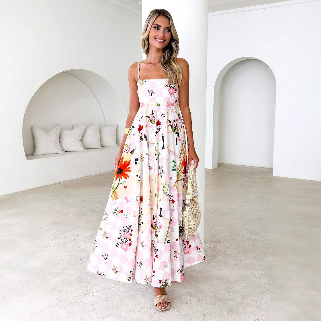 Women’s Maxi Dress – A-Line Fit – Floral Print – Backless – Cotton Spaghetti Straps