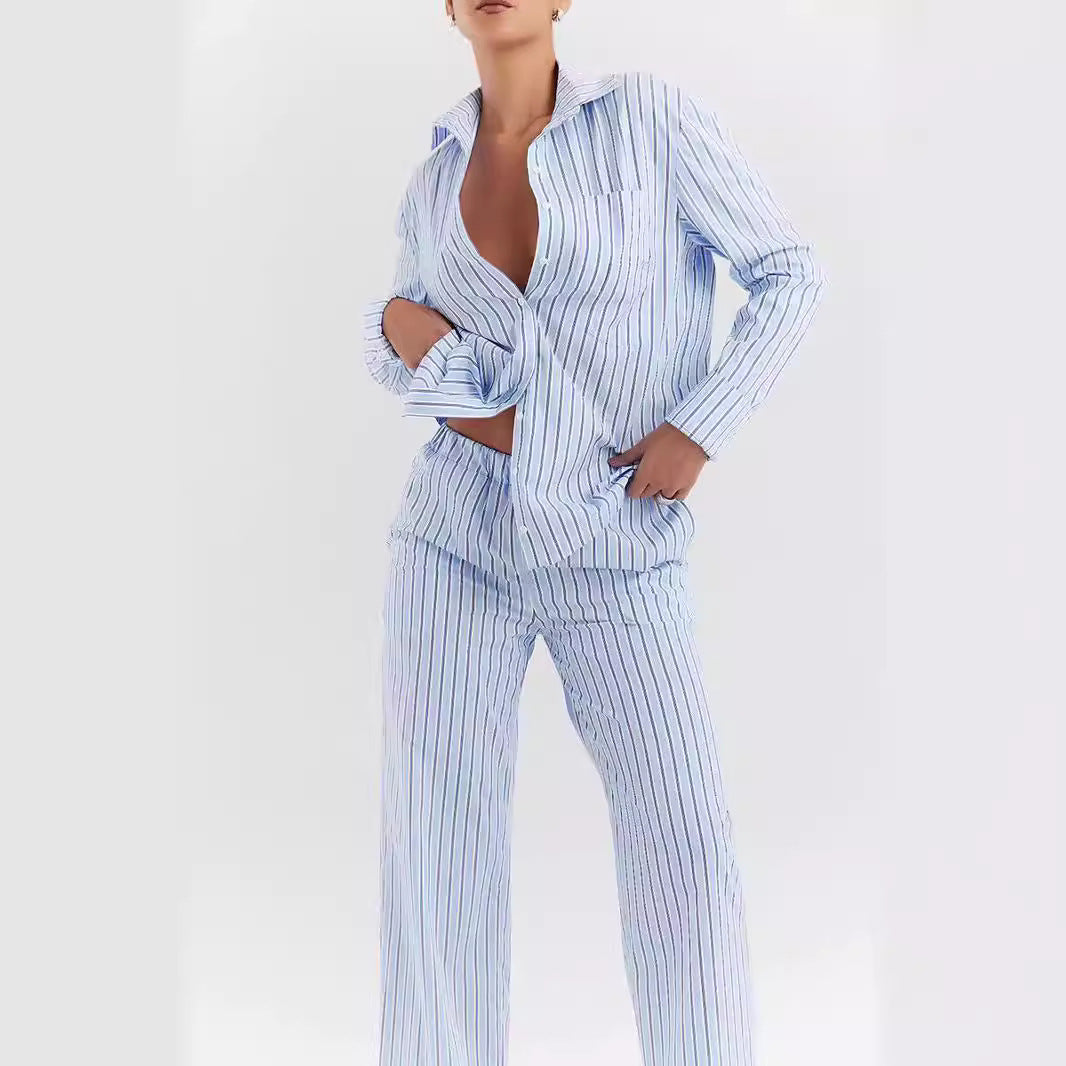 Women’s Shirt and Pants Set – Cotton Blend – Relaxed Fit – Striped – Wide-Leg Style