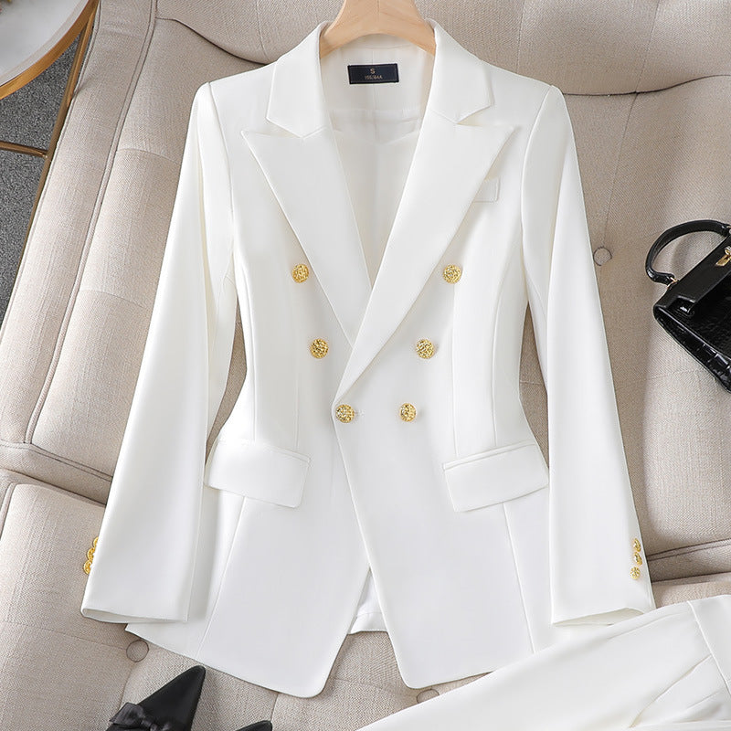 Women’s Blazer Set – Tailored Fit – Double-Breasted – Notched Lapel – Gold Button Detail