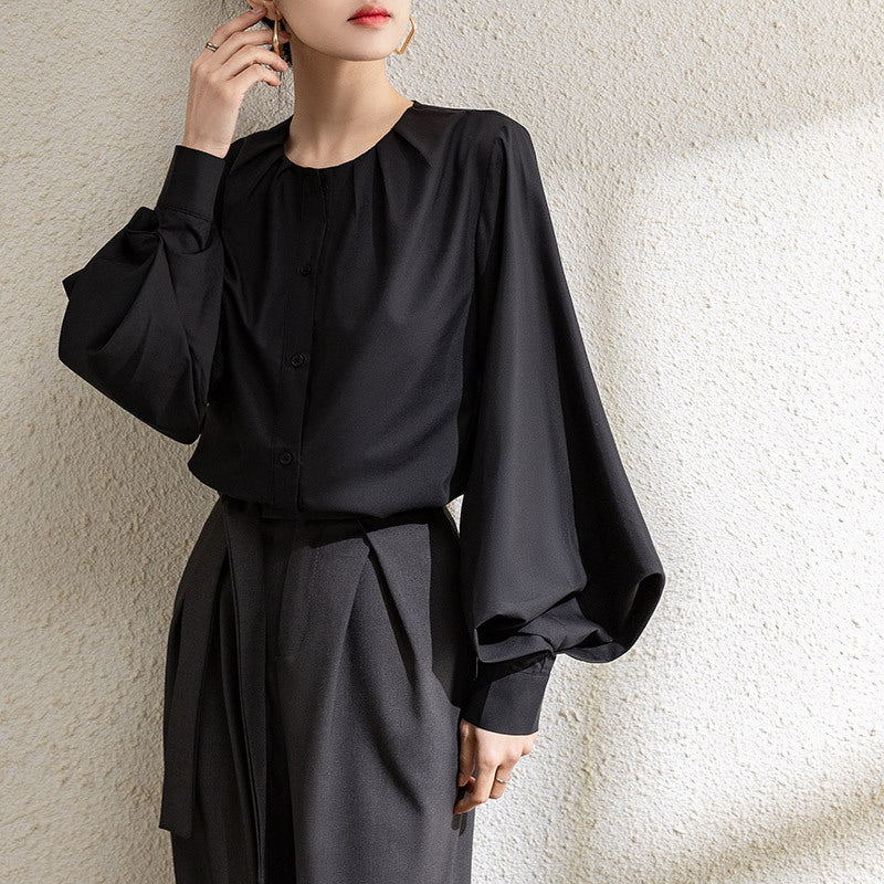 Women’s Blouse – Loose Fit – Silk Satin Feel – Lantern Sleeve – Button Front – Round Neck