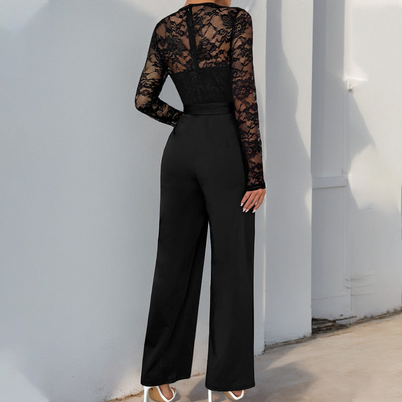 Women’s Jumpsuit – Lace Bodice – Sheer Long Sleeve – Wide Leg – Waist Tie Elegant Fit