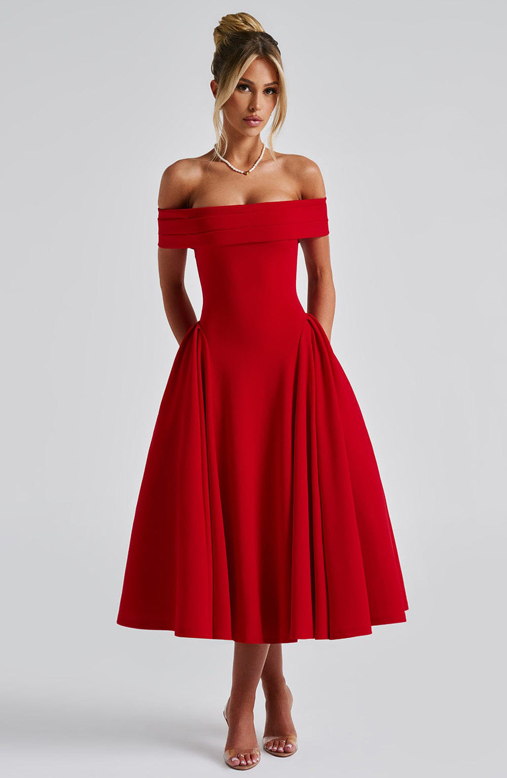 Women’s Midi Dress – Off Shoulder – Tailored Bodice – A-Line Formal Silhouette