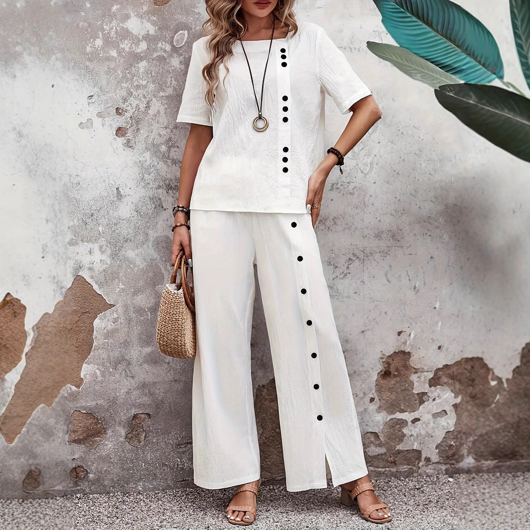 Women’s Two-Piece Set – Relaxed Fit – Wide Leg Pants – Button Detail – Cotton Blend