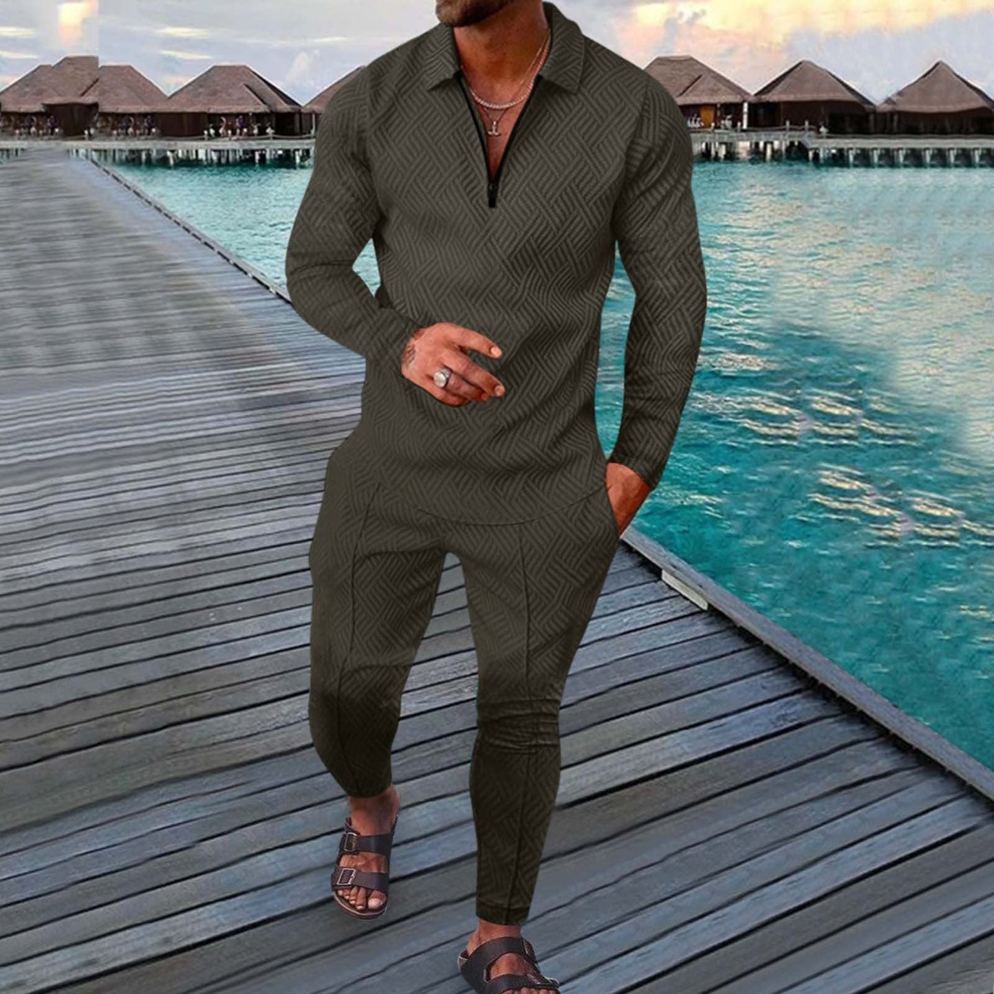 Men’s Sports Leisure Suit – Slim Fit – Long Sleeve Polo – Geometric Print