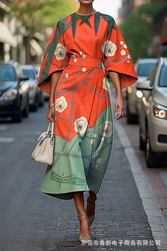 Women’s Midi Dress – Structured A-Line Fit – Kimono Sleeves – Floral Print