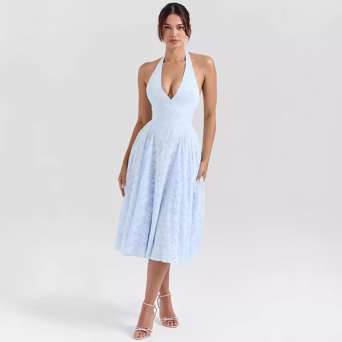 Women’s Halter Dress – Satin-Like Fabric – Slim Fit – A-Line Midi – Deep V-Neck