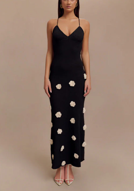 Women’s Slip Dress – Slim Fit – Knit Fabric – 3D Floral Detail – Open Back Tie