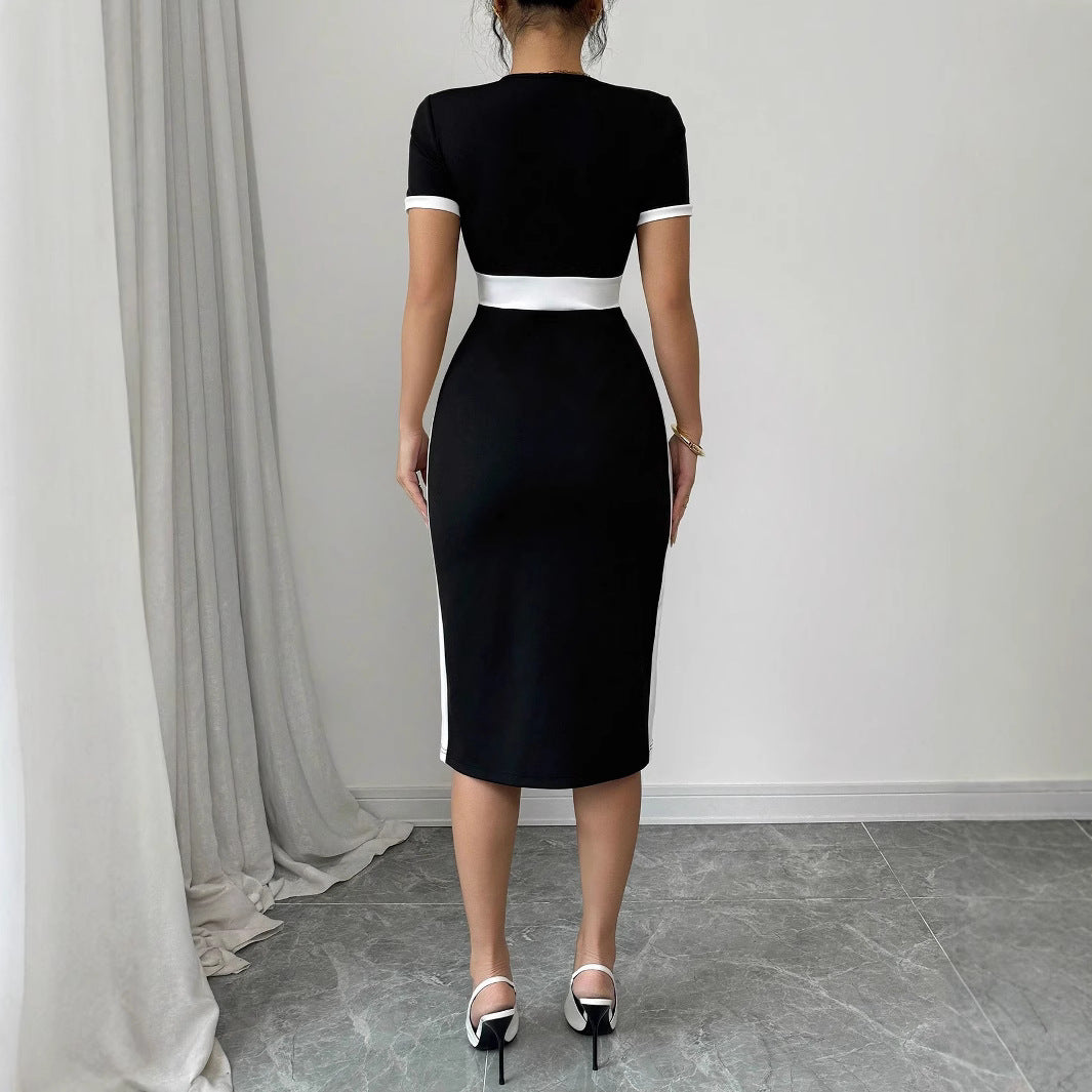 Women’s Midi Dress – Slim Fit Bodycon – Square Neck – Short Sleeve – Waist Detail