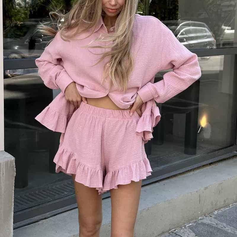 Women’s Loungewear Set – Cotton Blend – Relaxed Fit – Heart Print – Button Shirt & Shorts