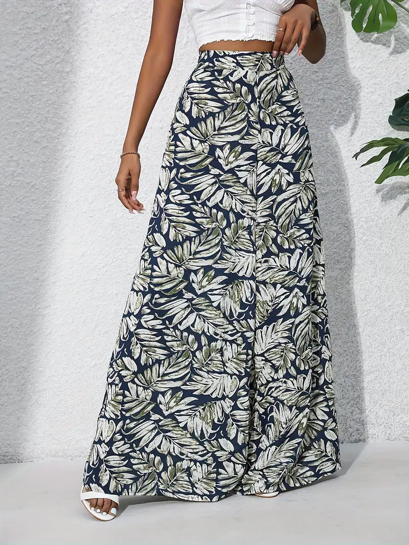 Women’s Wide-Leg Pants – High Waist – Lightweight Drape – Floral Print – Full Length