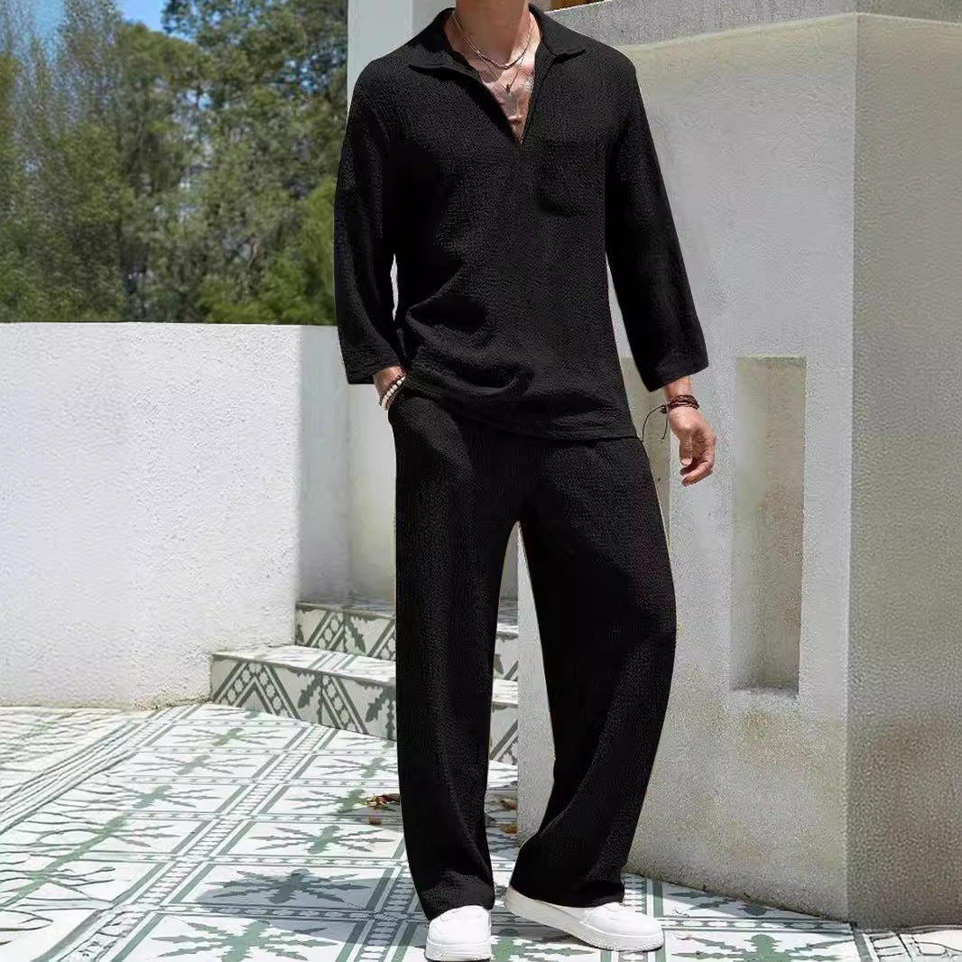 Men’s Lounge Set – Relaxed Fit – Textured Soft Fabric – Long Sleeve Shirt & Pants