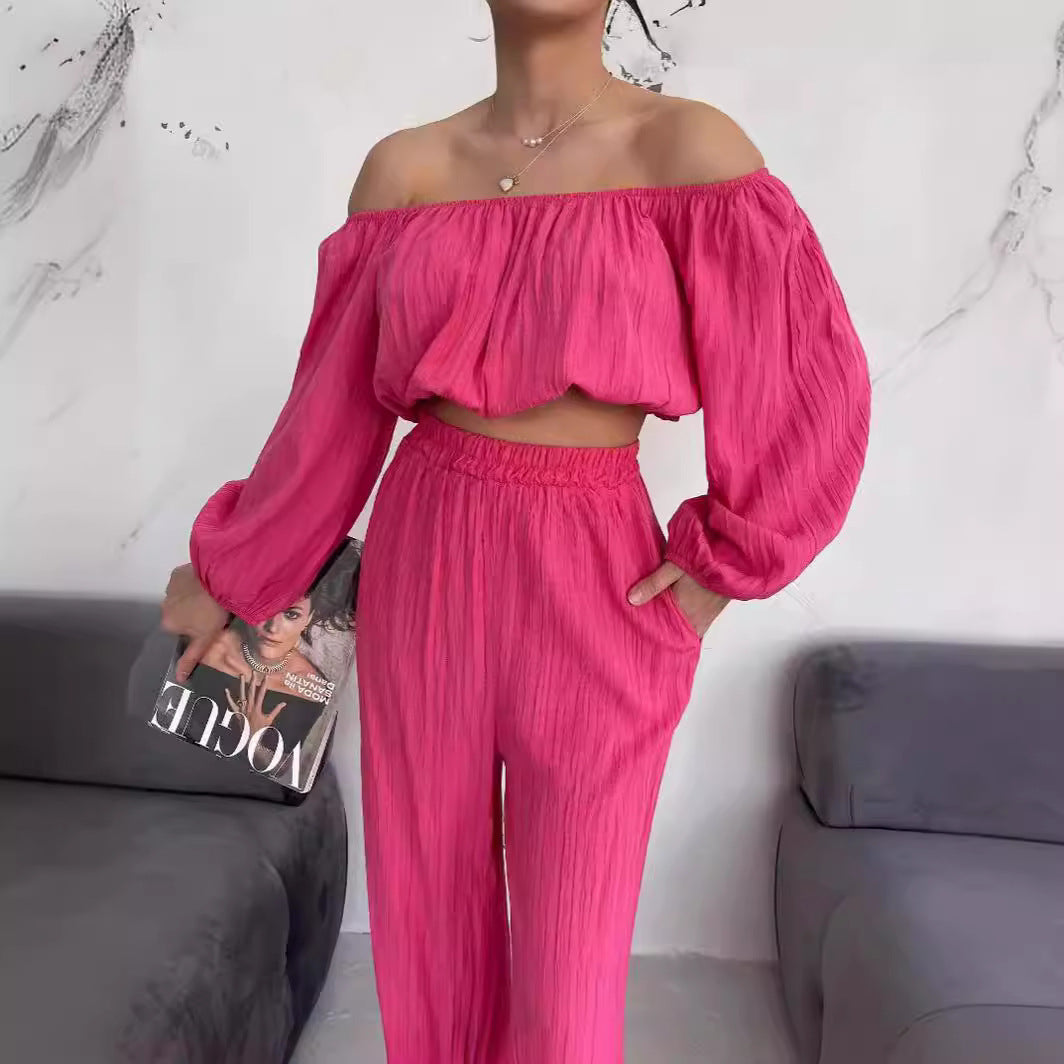 Women’s Two-Piece Set – Off-Shoulder Crop Top – Wide-Leg High-Waist Pants – Breathable Fabric