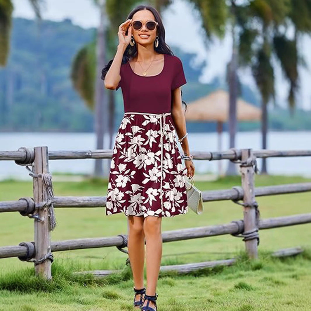 Women’s Casual Dress – Fit and Flare – Round Neck – Short Sleeve – Patterned Skirt