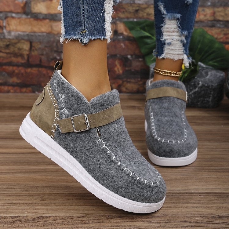 Women’s Ankle Boots – Slip-On Comfort – Buckle Strap – Textured Finish – Casual Fit