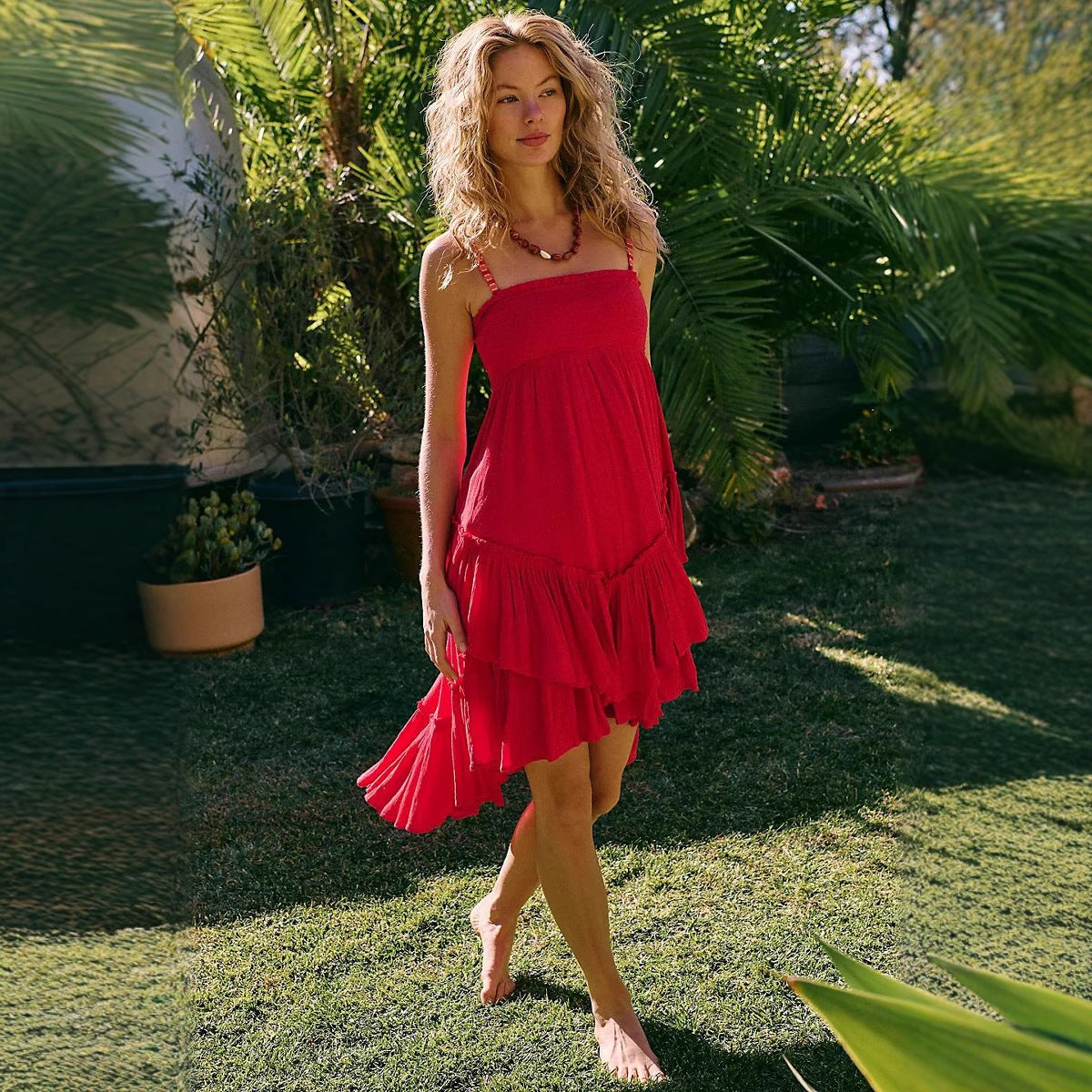 Women’s Strapless Dress – Lightweight Cotton – Flowy Fit – Tiered Ruffle Midi Skirt