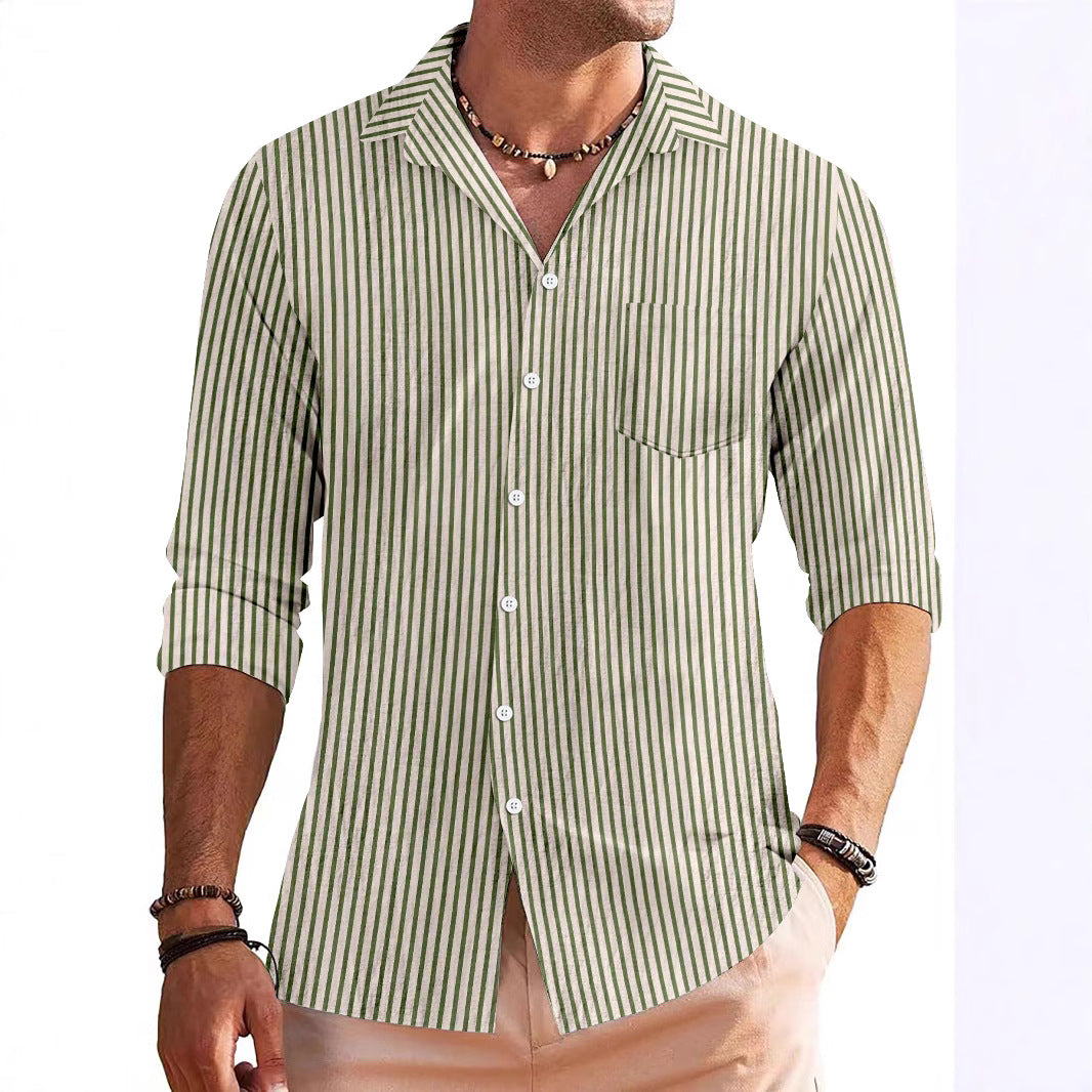 Men’s Long Sleeve Shirt – Regular Fit – Breathable Blend – Stripe Pattern – Chest Pocket