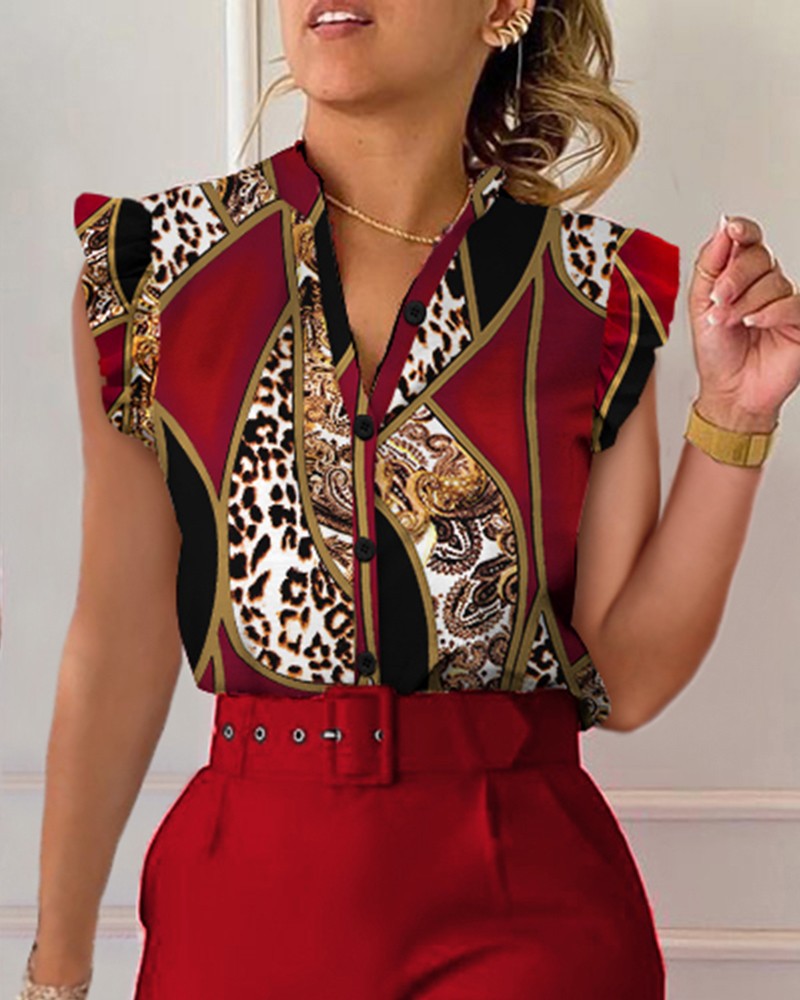 Women’s Blouse – Relaxed Fit – V-Neck – Button Front – Petal Sleeve – Cotton Blend