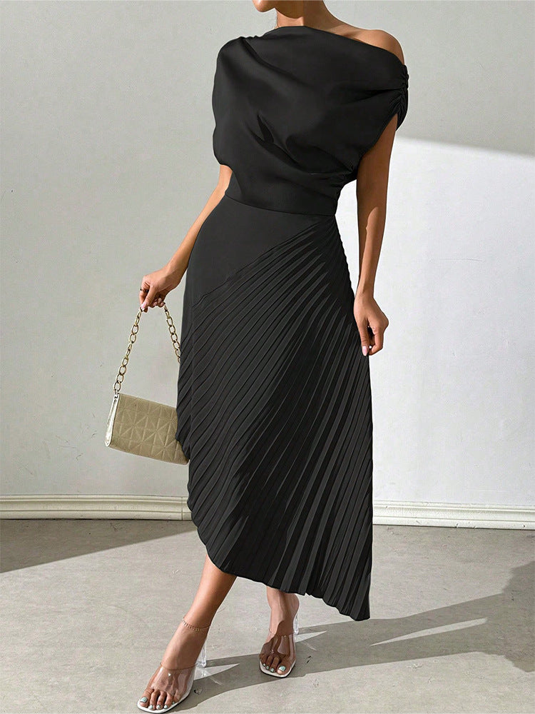 Women’s Midi Dress – One Shoulder – Satin Finish – Pleated Skirt – Fitted Silhouette