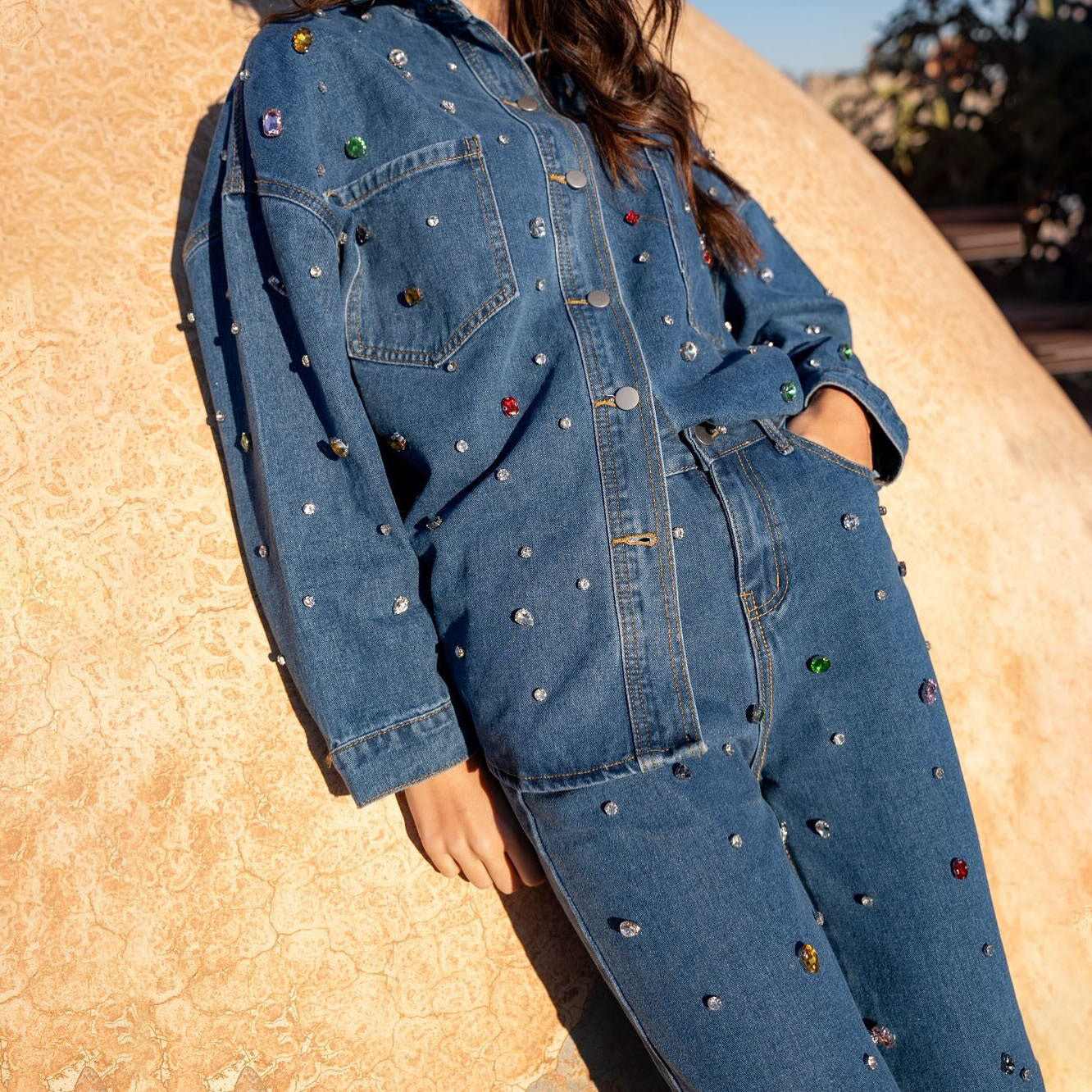 Women’s Denim Jacket and Pants Set – Oversized Fit – Embroidered – Wide Leg Casual Wear