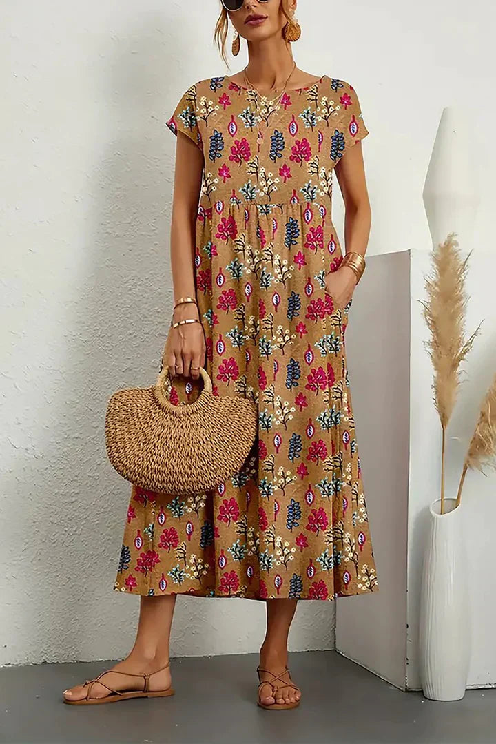 Women's Maxi Dress - Floral Print - Short Sleeve - Empire Waist - Flowy Lightweight Fit