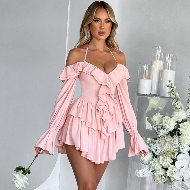 Women’s Romper – Halter Neck – Off-Shoulder Long Sleeves – Deep V Ruffle Front – Flowy Fit