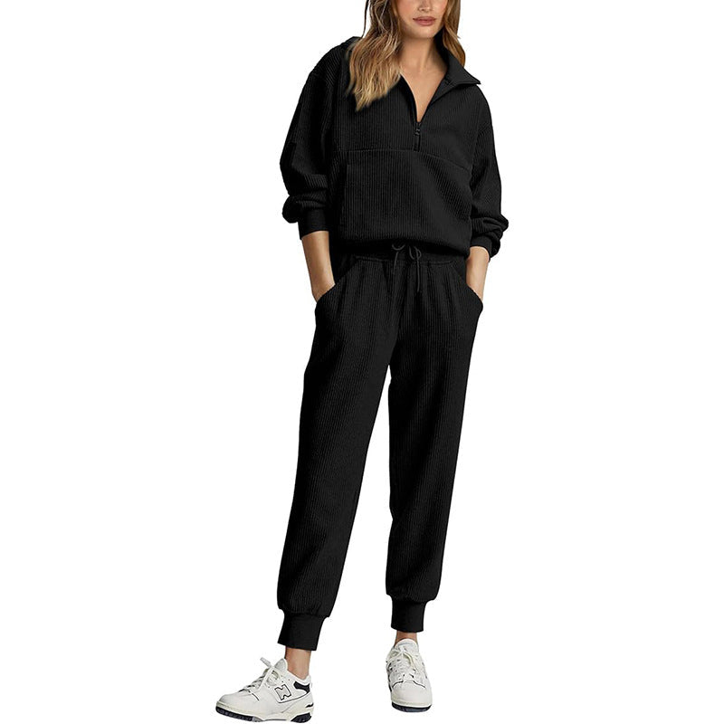 Women’s Tracksuit Set – Relaxed Fit – Half Zip Top – Drawstring Pants
