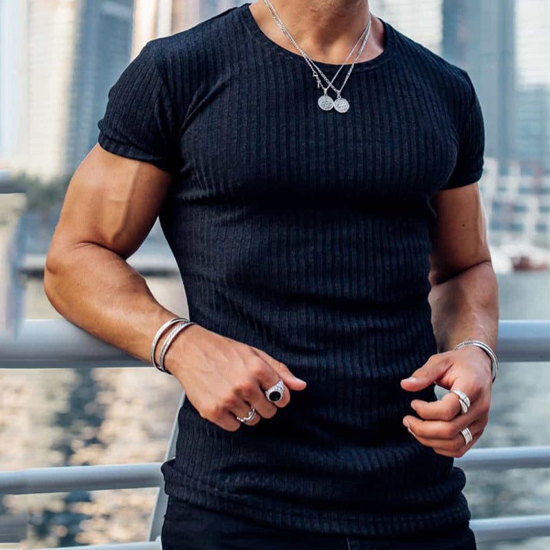 Men’s T-Shirt – Slim Fit – Soft Cotton Blend – Vertical Ribbed Knit – Crew Neck – Short Sleeve
