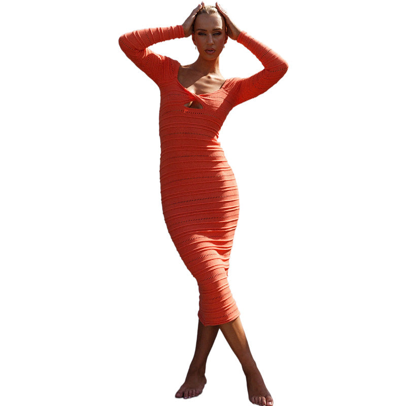 Women’s Knit Dress – Slim Fit – Full Length – Cut-Out Chest – Twist Neckline – Long Sleeve