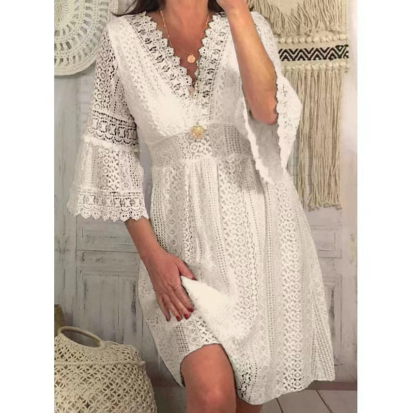Women’s Lace Dress – A-Line Fit – V-Neck – Bell Sleeves – Knee Length Elegant Style