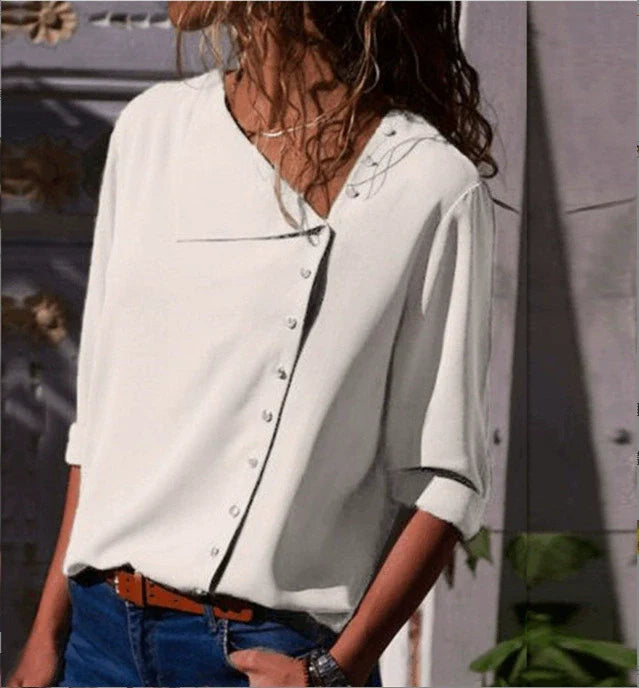 Women’s Shirt – Relaxed Fit – Cotton Feel – Asymmetrical Button Front – 3/4 Sleeve