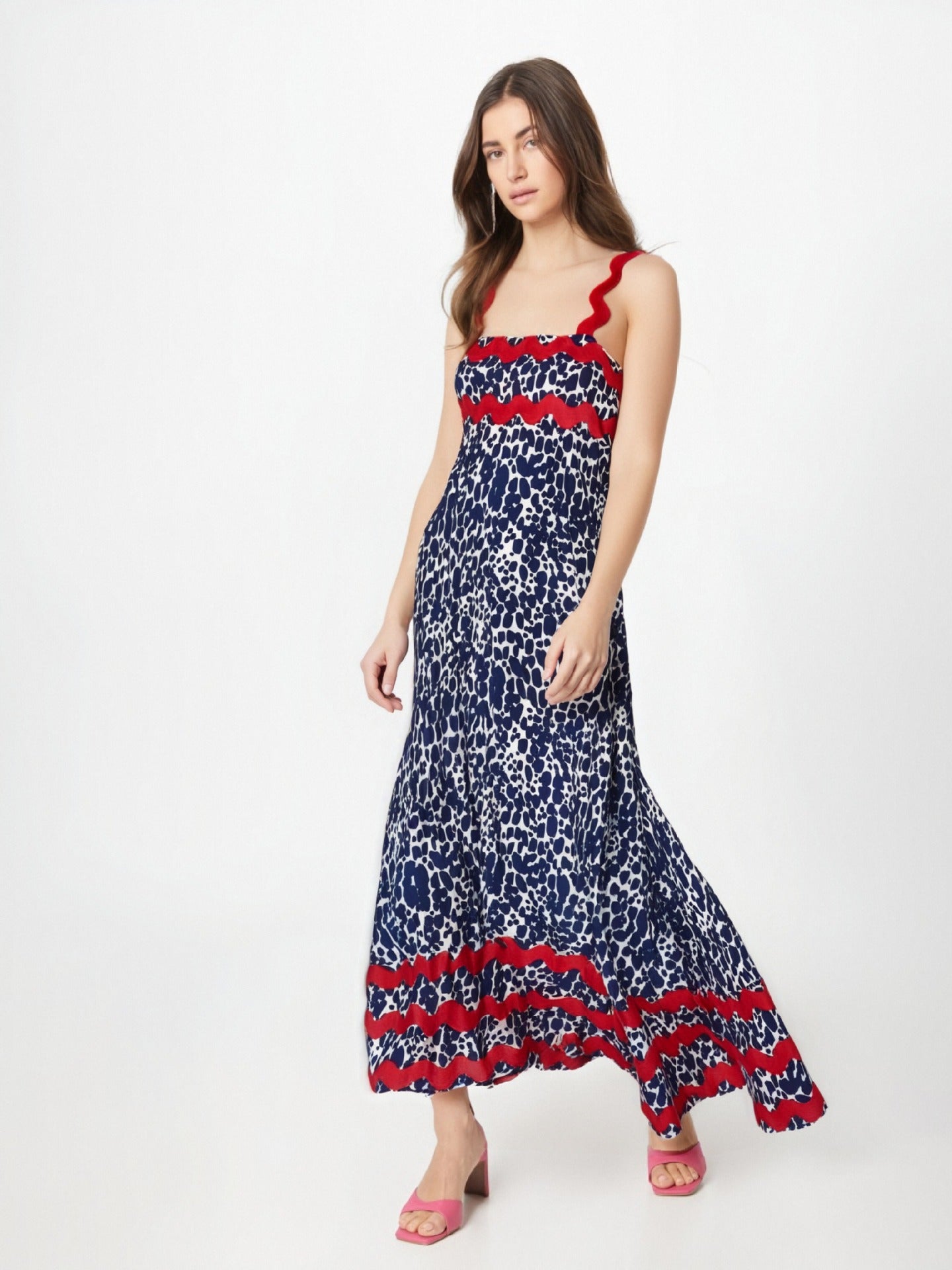 Women’s Long Dress – Floral Print – Flowing A-Line Fit – Strappy with Wavy Trim