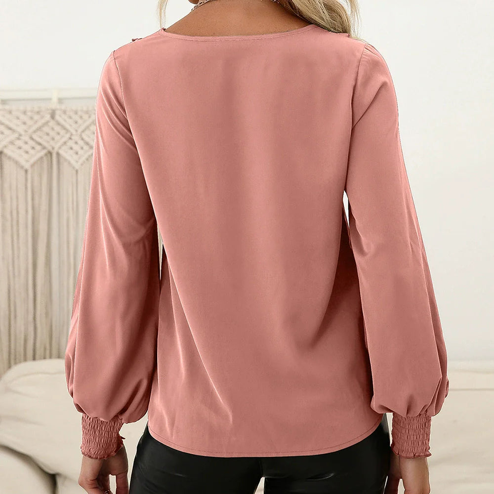 Women’s Long Sleeve Shirt – Relaxed Fit – Ruffle Trim – Smocked Cuffs – Soft Draped Cotton
