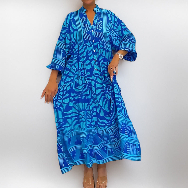 Women’s Midi Dress – Relaxed Fit – Cotton – Abstract Print – 3/4 Sleeve – Button Front
