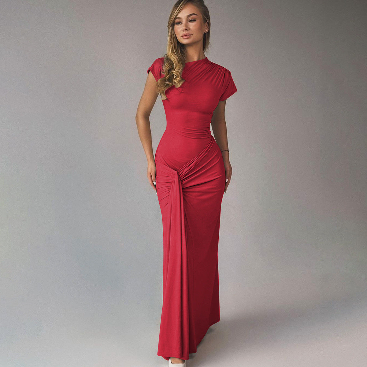 Women’s Full-Length Dress – Satin Finish – Draped Waist – Short Sleeve Formal Wear