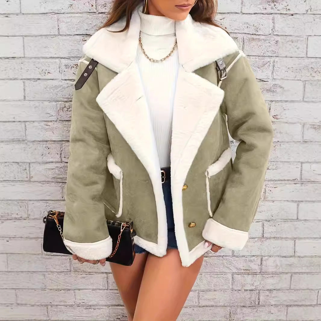 Women’s Jacket – Oversized Fit – Double-Breasted – Hip Length – Lapel Collar