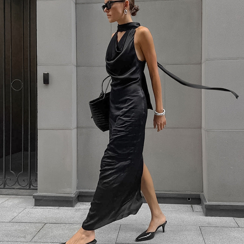Women’s Evening Dress – Satin – Halter Neck – Draped Neckline – Slim Fit – Full Length