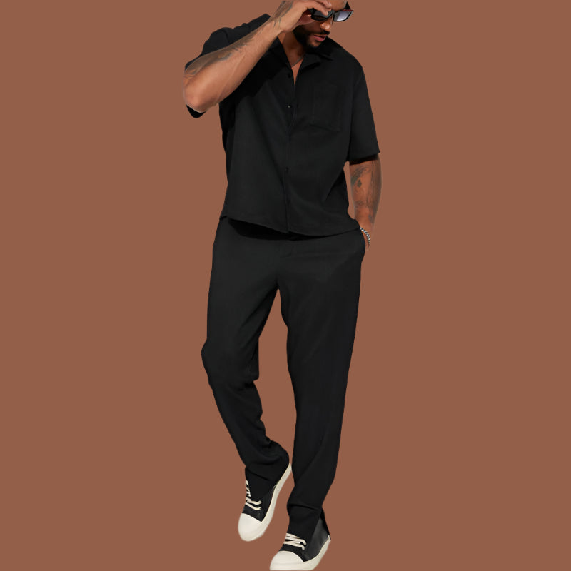 Men’s Casual Set – Relaxed Fit – Short Sleeve Collared Shirt – Full-Length Pants – Breathable Blend
