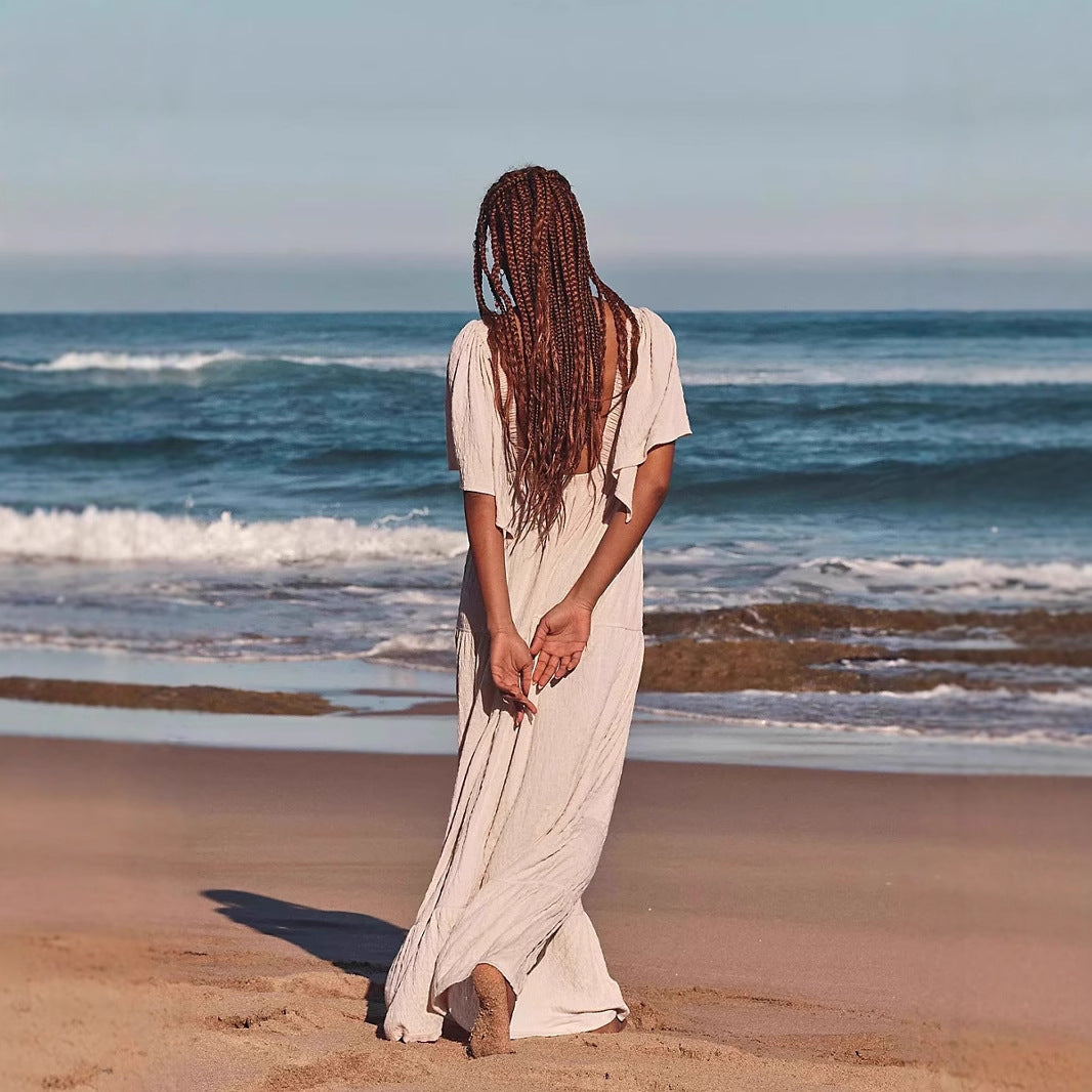 Women’s Maxi Dress – Lightweight Flowy Fit – V-Neck – Open Back – Tiered with Slit