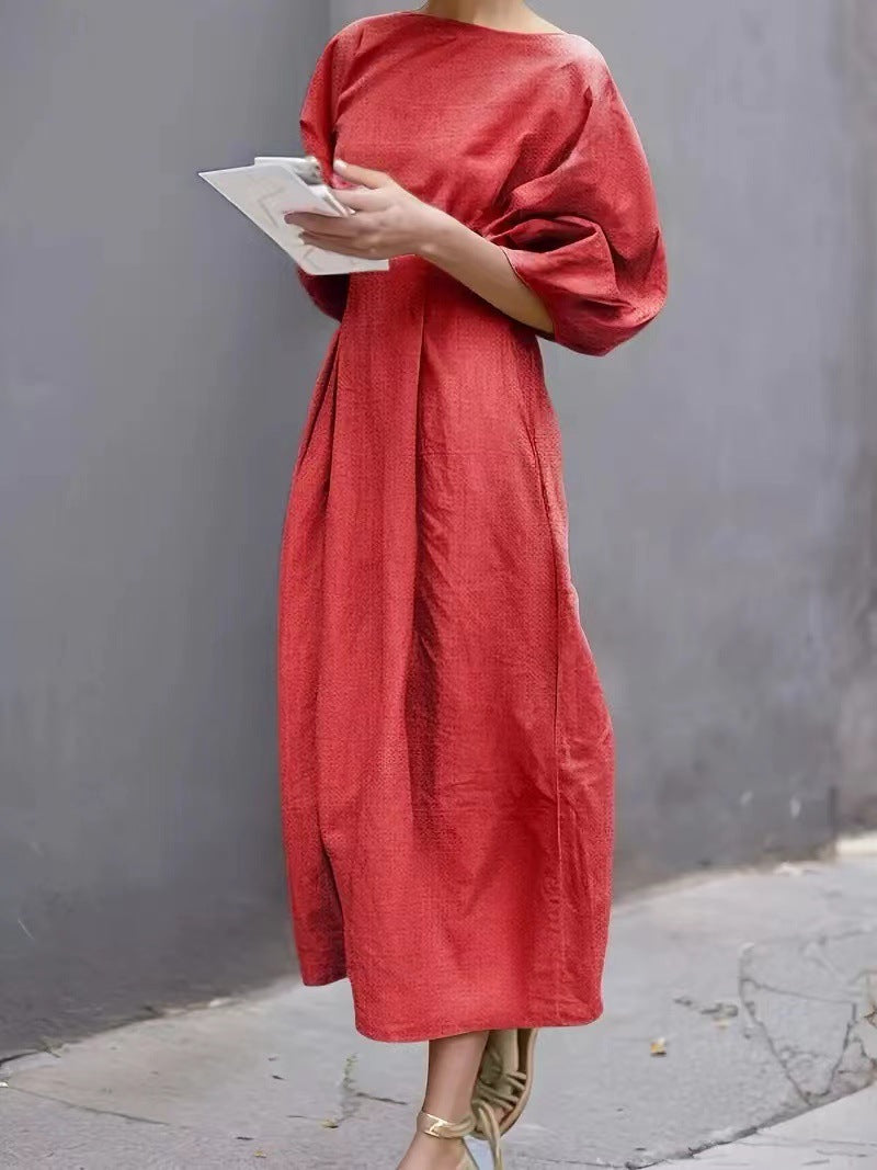Women’s Long Dress – Loose Fit – Puff Sleeves – Round Neck – Lightweight Casual Wear