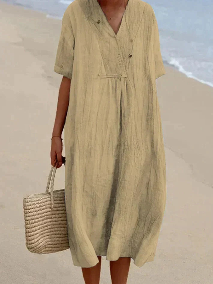 Women's Midi Dress - Loose Fit - V-Neck Short Sleeve - Lightweight Casual Wear