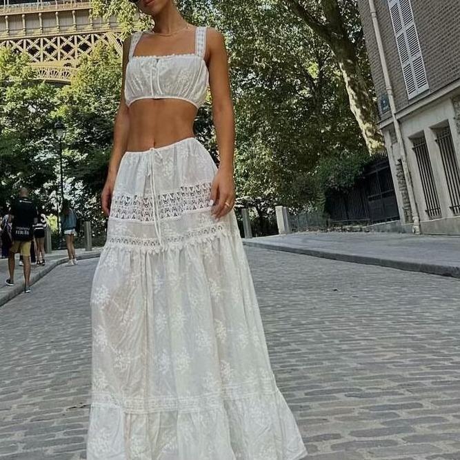 Women’s Two-Piece Set – Lace Off Shoulder Crop Top – Tiered Maxi Skirt – Boho Style