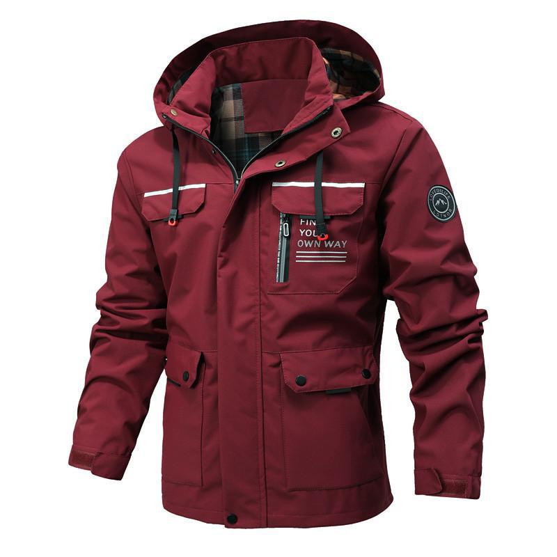 Men’s Windbreaker Jacket – Water-Resistant – Mid-Length – Hooded – Multi-Pocket Outdoor