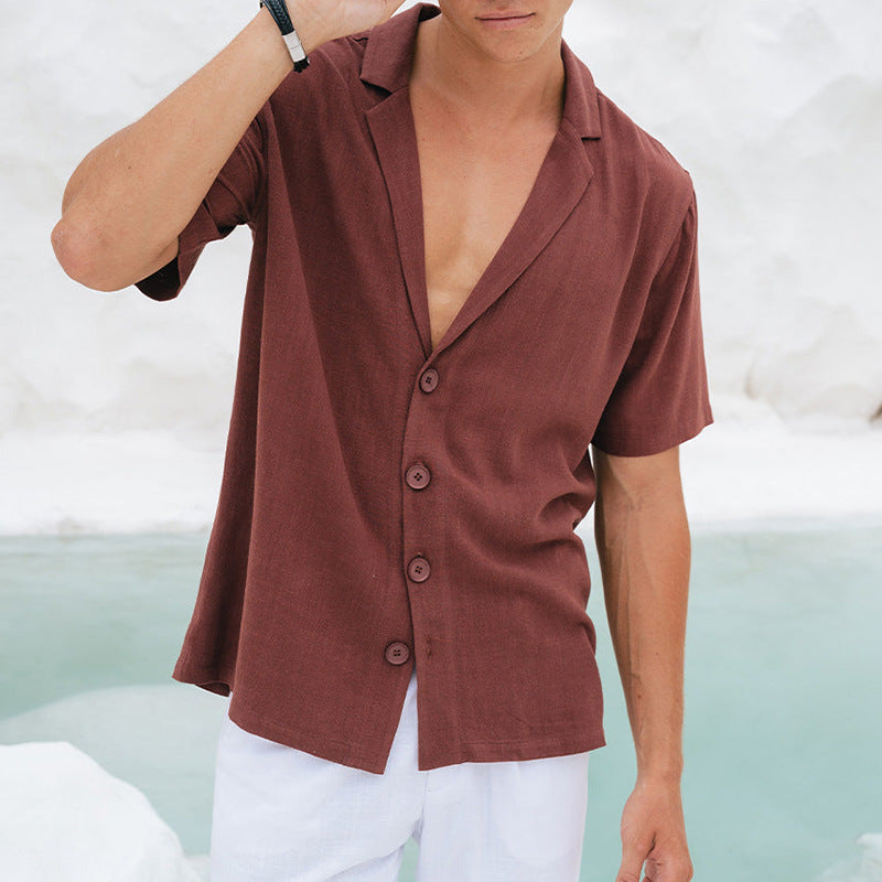 Men’s Casual Shirt – Relaxed Fit – Deep V-Neck – Notched Lapel – Breathable Blend
